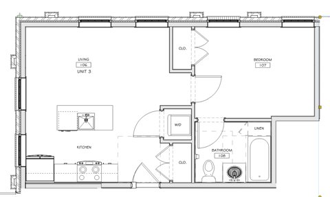 Floor plan for 1 bed, 1 bath, 386 sqft